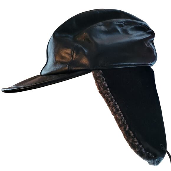 Wilsons Leather Bomber Hat Cap Black Leather Sherpa Fleece Lining Ear Flaps Sz L - Picture 1 of 7